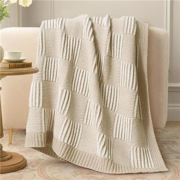 Checkered knit throw blanket soft chenille cozy couch sofa decorative home decor - Picture 2 of 7